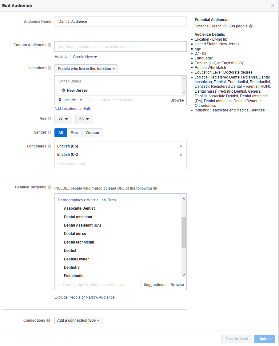 You can target whoever your heart wants with Facebook Ads with its intelligent, data-backed targeting options. For a head start, I am listing some of the targeting options you can use to unleash its full potential for your dental practice -